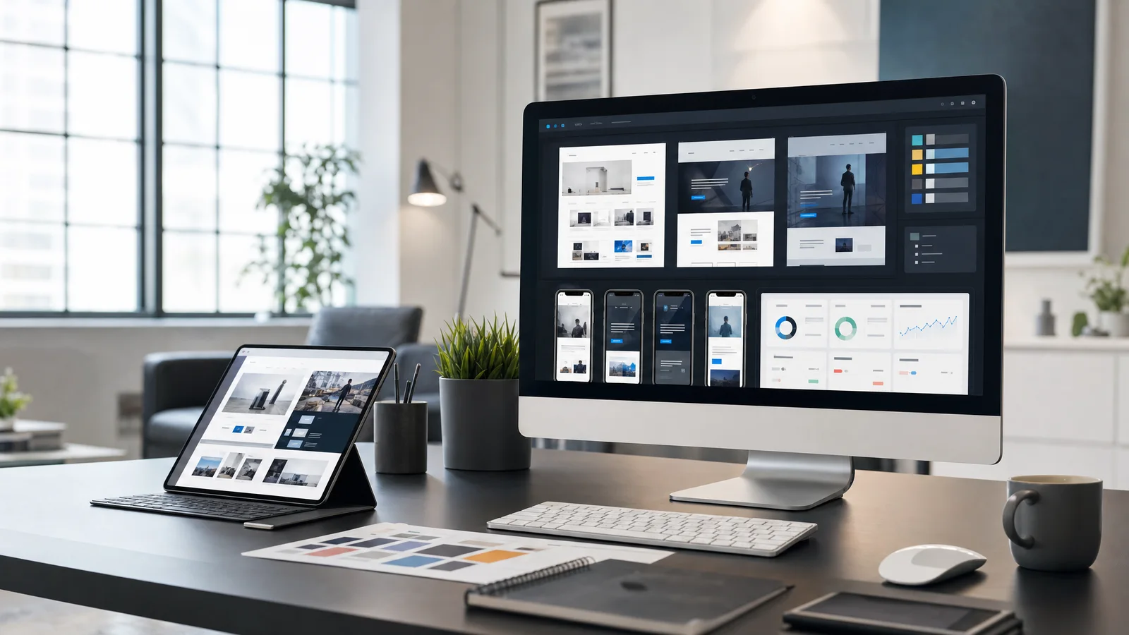 Professional workspace showing website redesign layouts across desktop and tablet screens